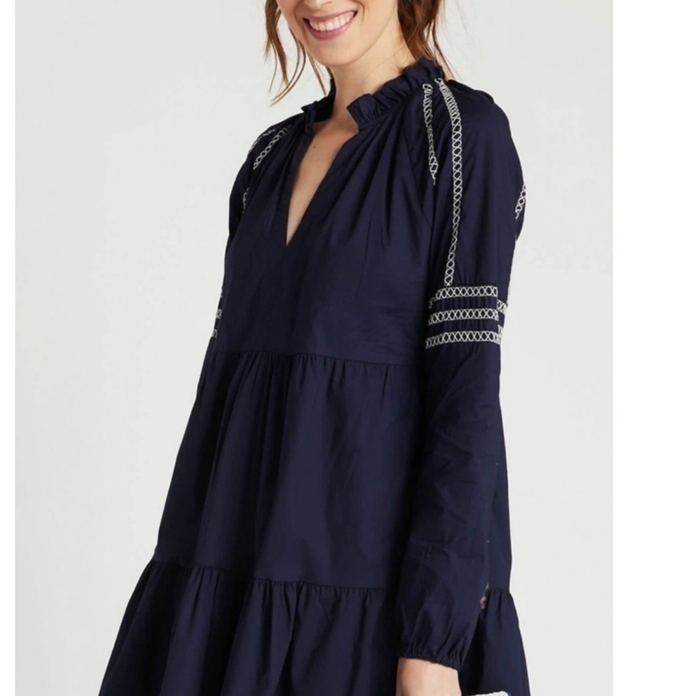 NWT Women's Elegant Navy Dress with Embroidered Details